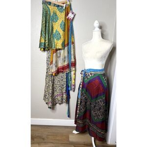Darn Good Yarn Sari Silk Wrap Skirts Reversible Boho Ankle 4 -12 Lot of 4 Mini